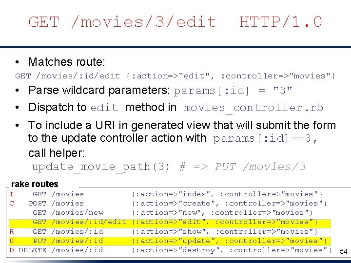 GET /movies/3/edit HTTP/1. 0 • Matches route: GET /movies/: id/edit {: action=>"edit", : controller=>"movies"}