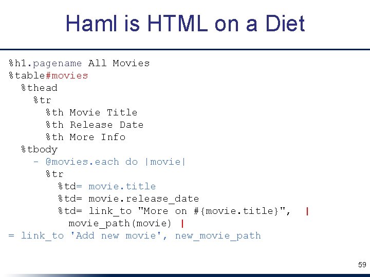 Haml is HTML on a Diet %h 1. pagename All Movies %table#movies %thead %tr