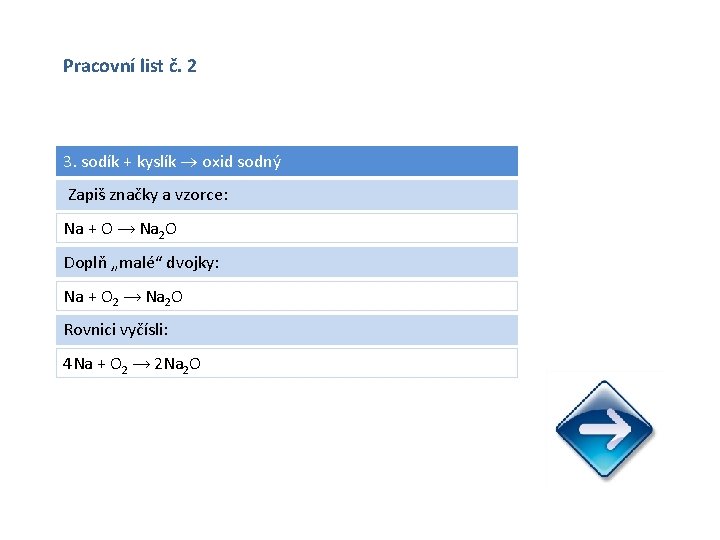 Pracovní list č. 2 3. sodík + kyslík oxid sodný Zapiš značky a vzorce: