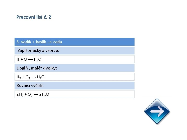 Pracovní list č. 2 5. vodík + kyslík voda Zapiš značky a vzorce: H