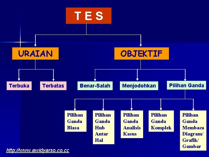 TES URAIAN Terbuka OBJEKTIF Terbatas Benar-Salah Pilihan Ganda Biasa http: //www. awidyarso. cc Pilihan