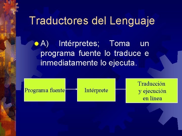 Traductores del Lenguaje ® A) Intérpretes; Toma un programa fuente lo traduce e inmediatamente