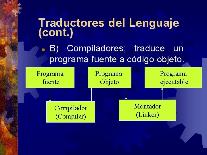 Traductores del Lenguaje (cont. ) n B) Compiladores; traduce un programa fuente a código