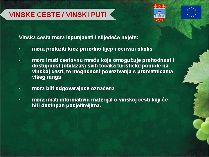 VINSKE CESTE / VINSKI PUTI Vinska cesta mora ispunjavati i slijedeće uvjete: • mora