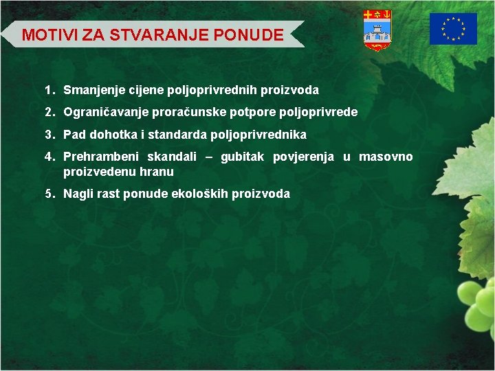 MOTIVI ZA STVARANJE PONUDE 1. Smanjenje cijene poljoprivrednih proizvoda 2. Ograničavanje proračunske potpore poljoprivrede