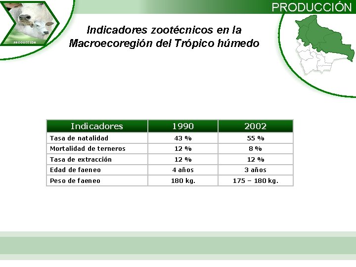 PRODUCCIÓN PRODUCCION Indicadores zootécnicos en la Macroecoregión del Trópico húmedo Indicadores 1990 2002 Tasa