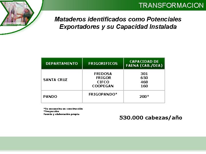 TRANSFORMACION Mataderos identificados como Potenciales Exportadores y su Capacidad Instalada DEPARTAMENTO SANTA CRUZ PANDO
