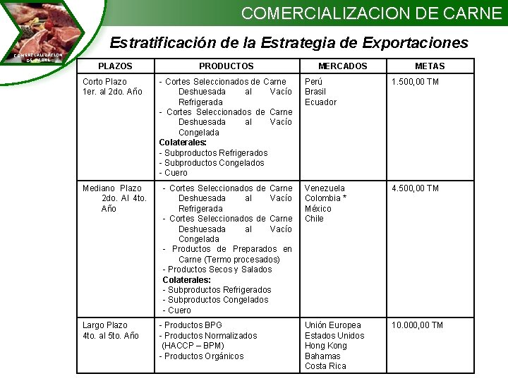 COMERCIALIZACION DE CARNE Estratificación de la Estrategia de Exportaciones COMERCIALIZACION DE CARNE PLAZOS PRODUCTOS