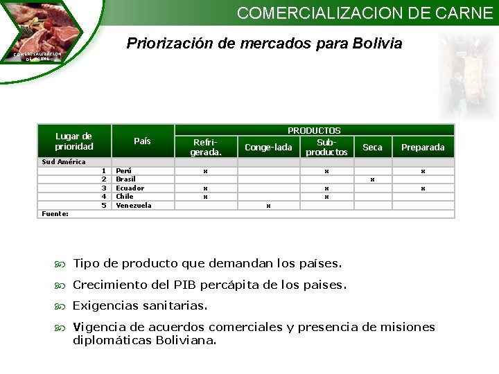 COMERCIALIZACION DE CARNE Priorización de mercados para Bolivia COMERCIALIZACION DE CARNE Lugar de prioridad