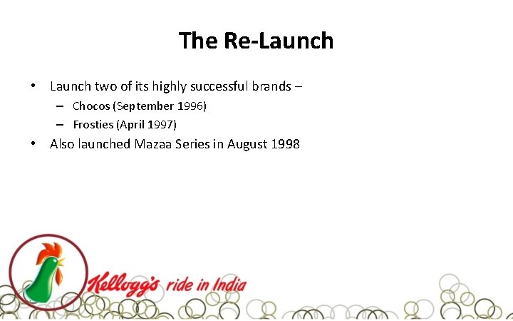 The Re-Launch • Launch two of its highly successful brands – – Chocos (September