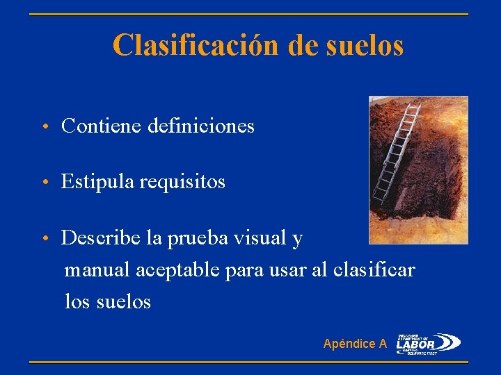 Clasificación de suelos • Contiene definiciones • Estipula requisitos • Describe la prueba visual