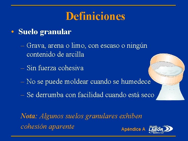 Definiciones • Suelo granular – Grava, arena o limo, con escaso o ningún contenido