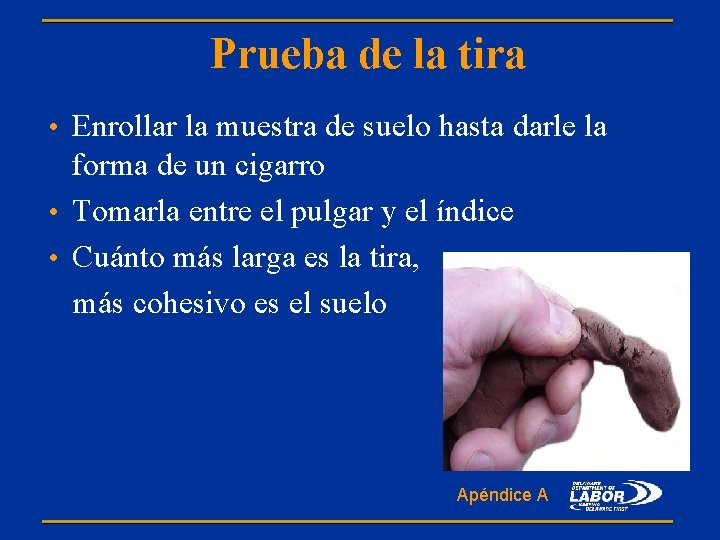 Prueba de la tira • Enrollar la muestra de suelo hasta darle la forma