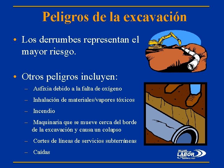 Peligros de la excavación • Los derrumbes representan el mayor riesgo. • Otros peligros