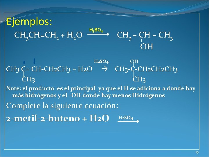 Ejemplos: CH 3 CH=CH 2 + H 2 O H 2 SO 4 CH