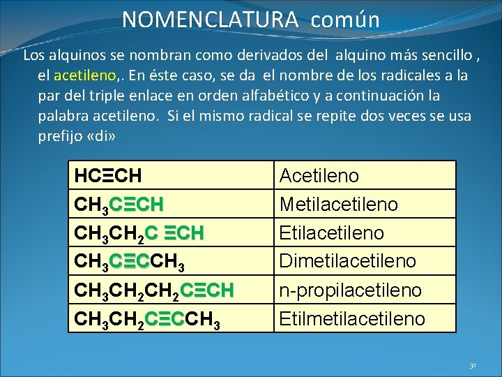 NOMENCLATURA común Los alquinos se nombran como derivados del alquino más sencillo , el