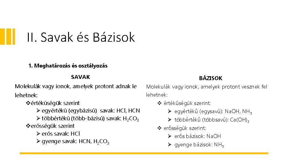 II. Savak és Bázisok 1. Meghatározás és osztályozás SAVAK BÁZISOK Molekulák vagy ionok, amelyek