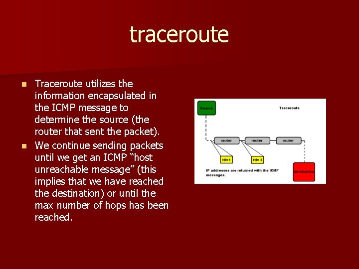 traceroute Traceroute utilizes the information encapsulated in the ICMP message to determine the source