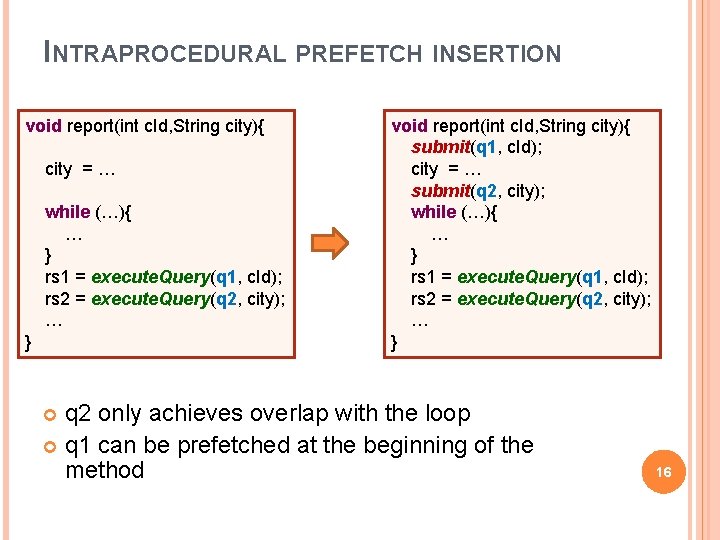 INTRAPROCEDURAL PREFETCH INSERTION void report(int c. Id, String city){ city = … while (…){