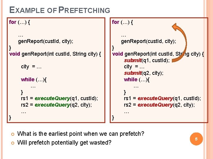 EXAMPLE OF PREFETCHING for (…) { … gen. Report(cust. Id, city); } void gen.