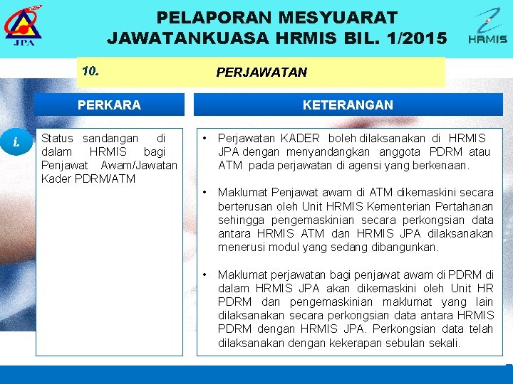 PELAPORAN MESYUARAT JAWATANKUASA HRMIS BIL. 1/2015 10. PERJAWATAN PERKARA i. Status sandangan di dalam