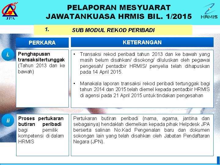 PELAPORAN MESYUARAT JAWATANKUASA HRMIS BIL. 1/2015 1. SUB MODUL REKOD PERIBADI KETERANGAN PERKARA i.