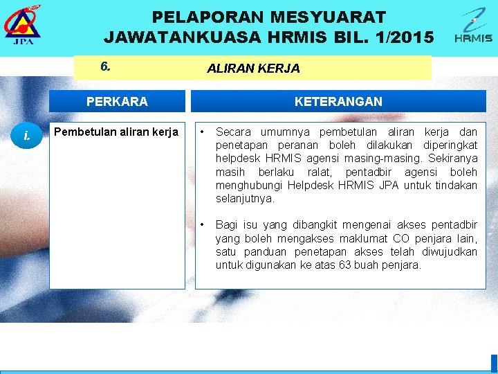 PELAPORAN MESYUARAT JAWATANKUASA HRMIS BIL. 1/2015 6. ALIRAN KERJA PERKARA i. Pembetulan aliran kerja