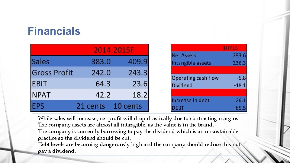 Financials While sales will increase, net profit will drop drastically due to contracting margins.