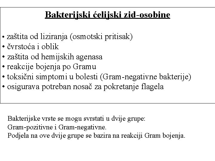 Bakterijski ćelijski zid-osobine • zaštita od liziranja (osmotski pritisak) • čvrstoća i oblik •