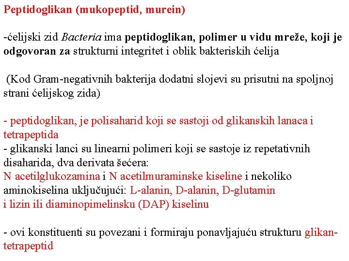 Peptidoglikan (mukopeptid, murein) -ćelijski zid Bacteria ima peptidoglikan, polimer u vidu mreže, koji je