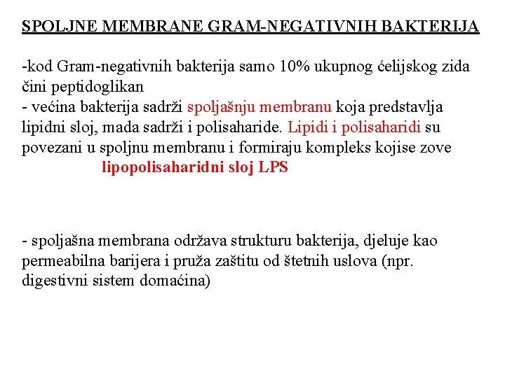 SPOLJNE MEMBRANE GRAM-NEGATIVNIH BAKTERIJA -kod Gram-negativnih bakterija samo 10% ukupnog ćelijskog zida čini peptidoglikan