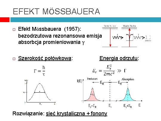 EFEKT MÖSSBAUERA Efekt Mössbauera (1957): bezodrzutowa rezonansowa emisja i absorbcja promieniowania γ Szerokość połówkowa: