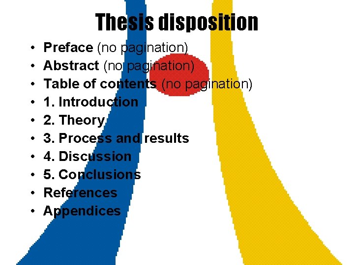 Thesis disposition • • • Preface (no pagination) Abstract (no pagination) Table of contents