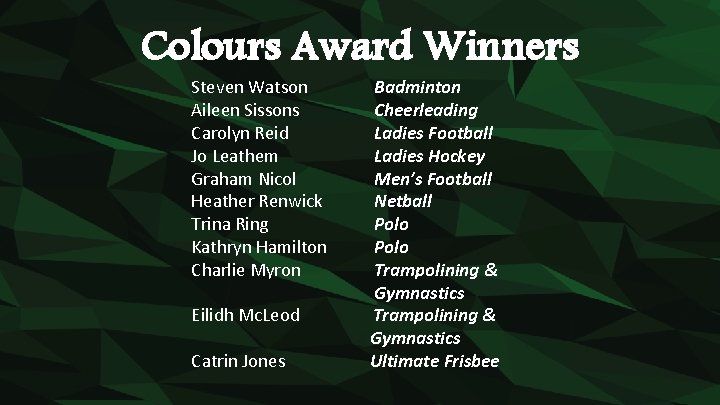 Colours Award Winners Steven Watson Aileen Sissons Carolyn Reid Jo Leathem Graham Nicol Heather