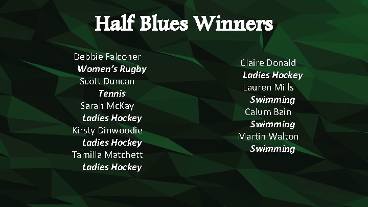 Half Blues Winners Debbie Falconer Women’s Rugby Scott Duncan Tennis Sarah Mc. Kay Ladies