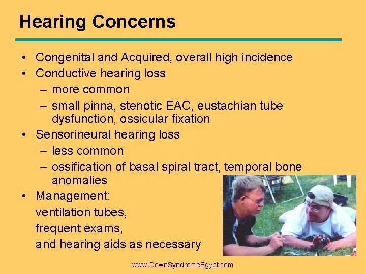 Hearing Concerns • Congenital and Acquired, overall high incidence • Conductive hearing loss –