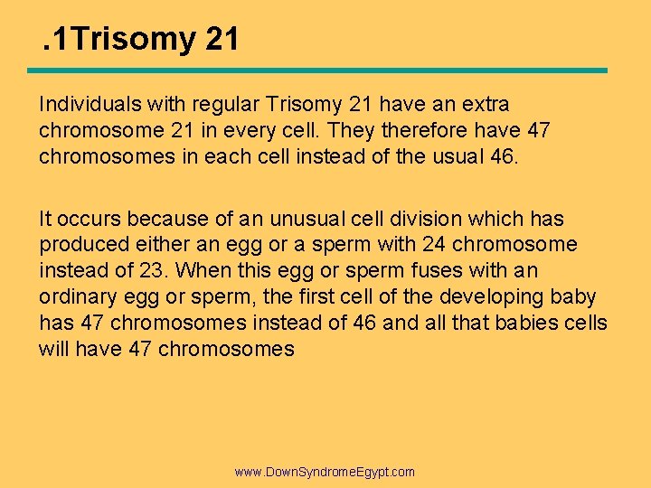 . 1 Trisomy 21 Individuals with regular Trisomy 21 have an extra chromosome 21 . 1 Trisomy 21 Individuals with regular Trisomy 21 have an extra chromosome 21