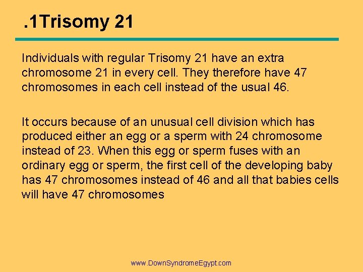 . 1 Trisomy 21 Individuals with regular Trisomy 21 have an extra chromosome 21