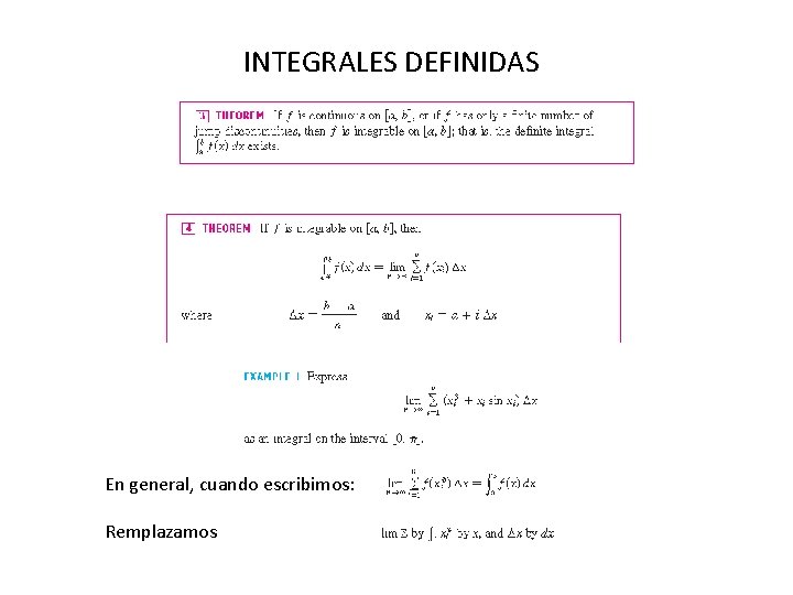 INTEGRALES DEFINIDAS En general, cuando escribimos: Remplazamos 