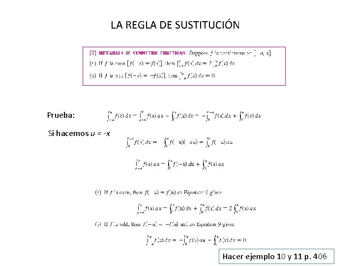 LA REGLA DE SUSTITUCIÓN Prueba: Si hacemos u = -x Hacer ejemplo 10 y