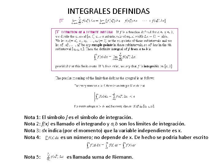 INTEGRALES DEFINIDAS Nota 1: El símbolo ʃ es el símbolo de integración. Nota 2: