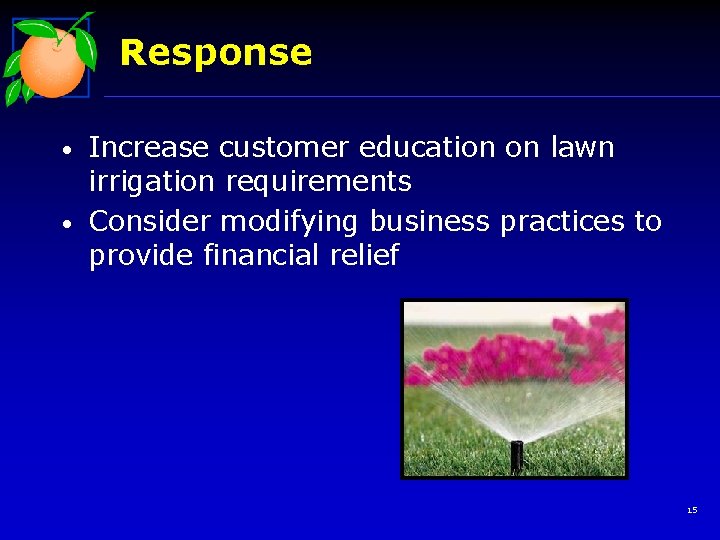 Response • • Increase customer education on lawn irrigation requirements Consider modifying business practices