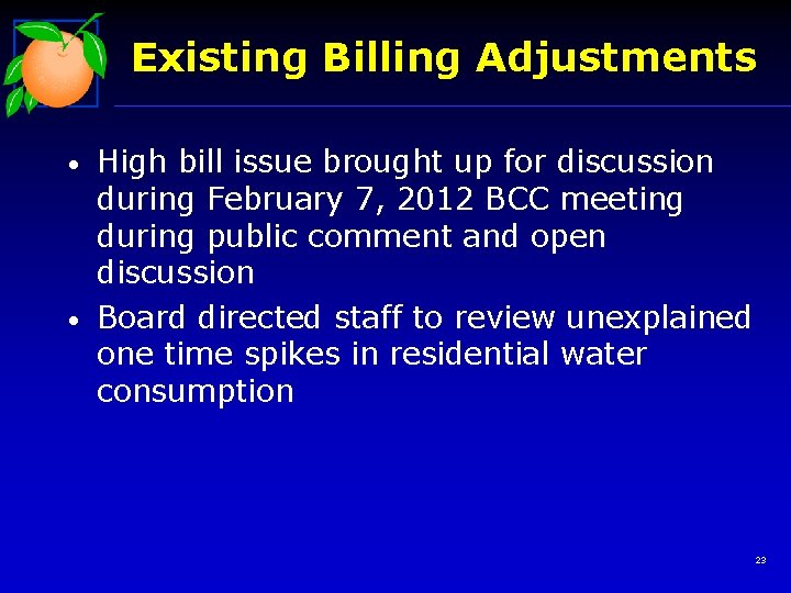 Existing Billing Adjustments • • High bill issue brought up for discussion during February