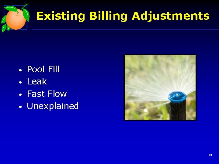 Existing Billing Adjustments • • Pool Fill Leak Fast Flow Unexplained 24 