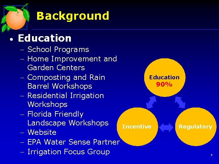 Background • Education - School Programs - Home Improvement and Garden Centers - Composting