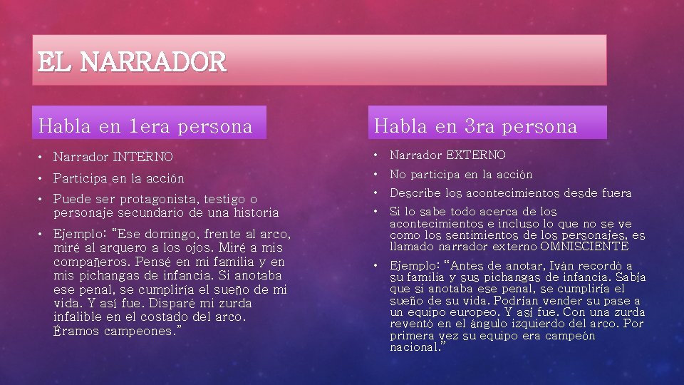 EL NARRADOR Habla en 1 era persona Habla en 3 ra persona • Narrador