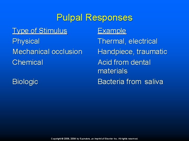 Pulpal Responses Type of Stimulus Physical Mechanical occlusion Chemical Biologic Example Thermal, electrical Handpiece,