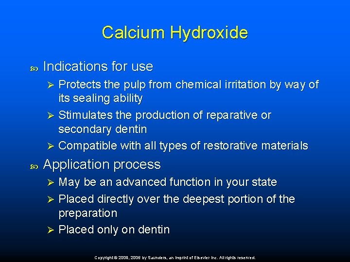 Calcium Hydroxide Indications for use Protects the pulp from chemical irritation by way of