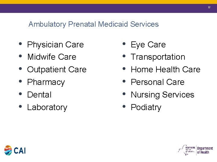 12 Ambulatory Prenatal Medicaid Services • • • Physician Care Midwife Care Outpatient Care