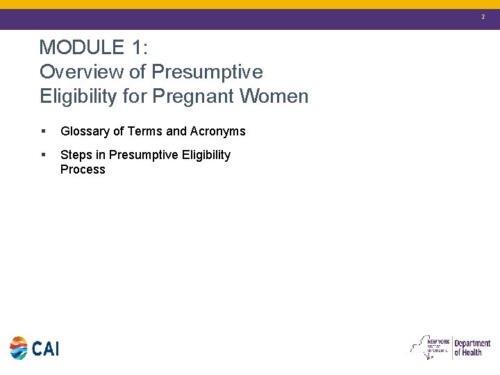 2 MODULE 1: Overview of Presumptive Eligibility for Pregnant Women § Glossary of Terms